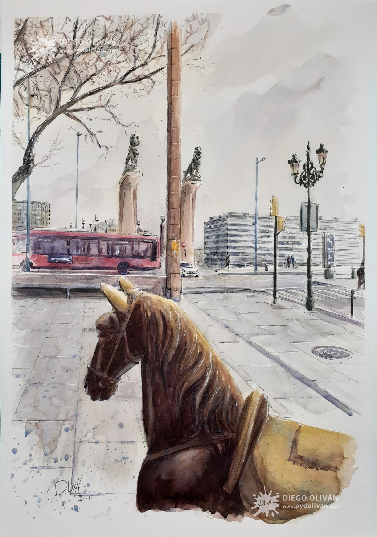 Caballito de la Lonja de Zaragoza Acuarela 35x50 cm Año 2021